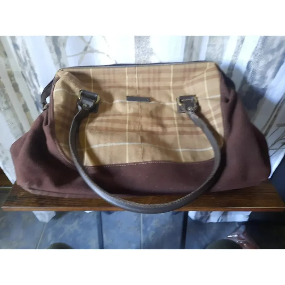 Eddie Bauer Brown Plaid Canvas and Dark Brown Leather Top-Handle Bag